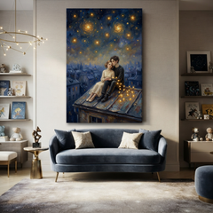 Rooftop Under Swirling Stars – Soft Surreal Conceptual Canvas Art