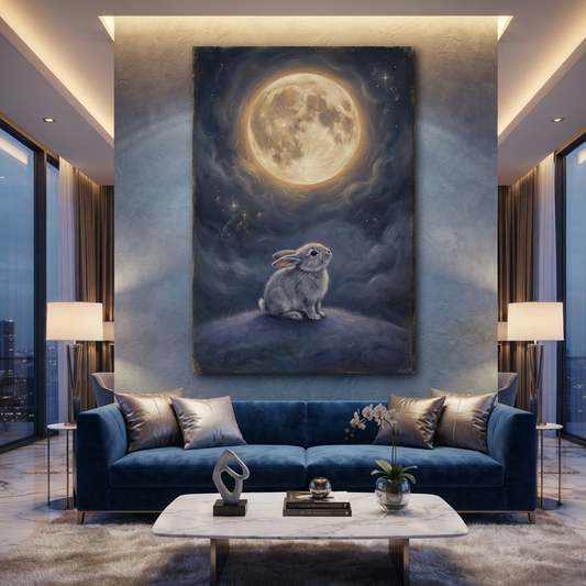 The Moongazer Bunny Dream – Soft Surreal Conceptual Canvas Art