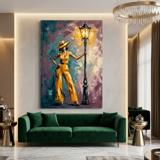 Golden Lady Streetlamp Glow – Women Figurative Canvas Prints
