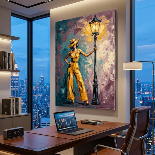 Golden Lady Streetlamp Glow – Women Figurative Canvas Prints
