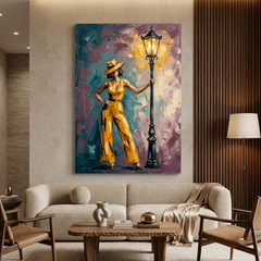 Golden Lady Streetlamp Glow – Women Figurative Canvas Prints