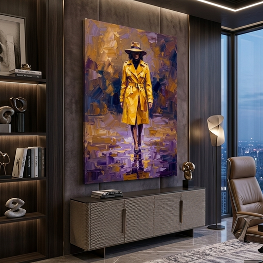 Yellow Coat Rainy Reflection – Women Figurative Canvas Prints
