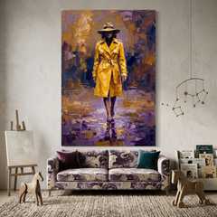 Yellow Coat Rainy Reflection – Women Figurative Canvas Prints