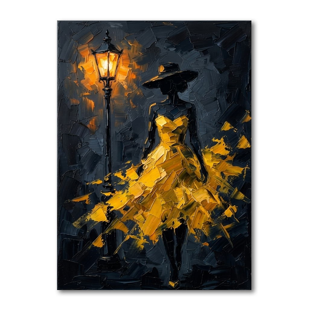 Golden Gown Midnight Lamp – Women Figurative Canvas Prints, zoom in to see the canvas