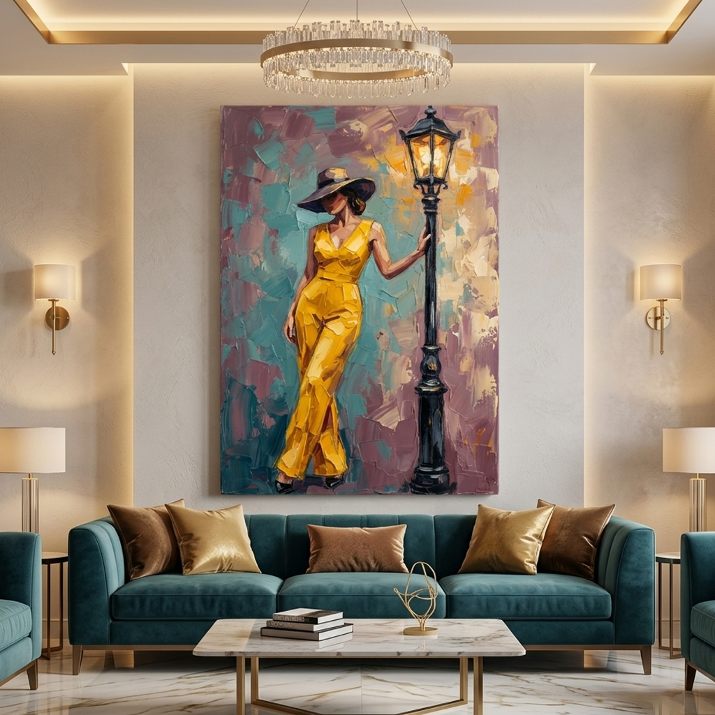Yellow Elegance Streetlamp Pose – Women Figurative Canvas Prints