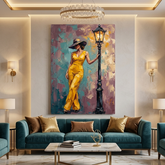 Yellow Elegance Streetlamp Pose – Women Figurative Canvas Prints