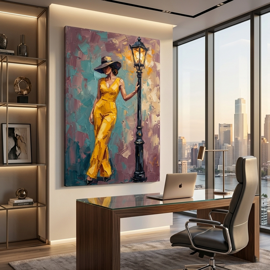 Yellow Elegance Streetlamp Pose – Women Figurative Canvas Prints