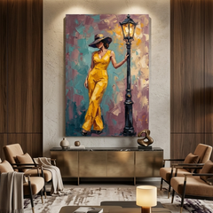 Yellow Elegance Streetlamp Pose – Women Figurative Canvas Prints