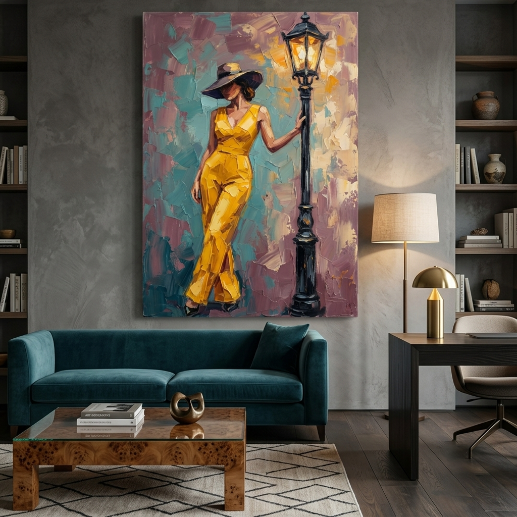 Yellow Elegance Streetlamp Pose – Women Figurative Canvas Prints