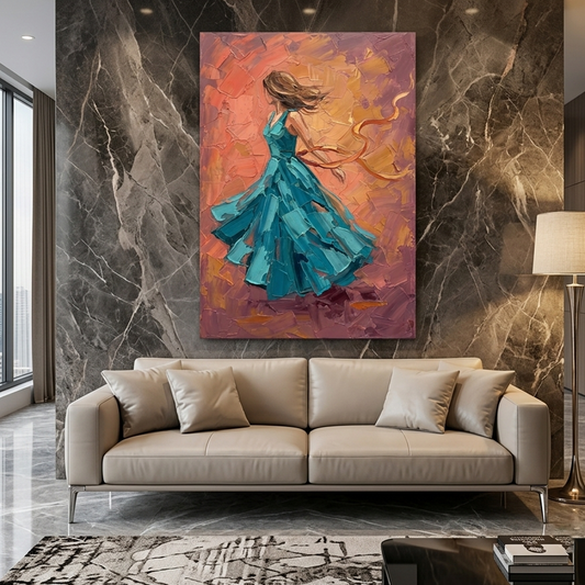 Teal Gown Sunset Twirl – Women Figurative Canvas Prints