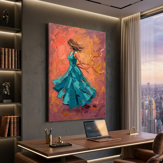 Teal Gown Sunset Twirl – Women Figurative Canvas Prints