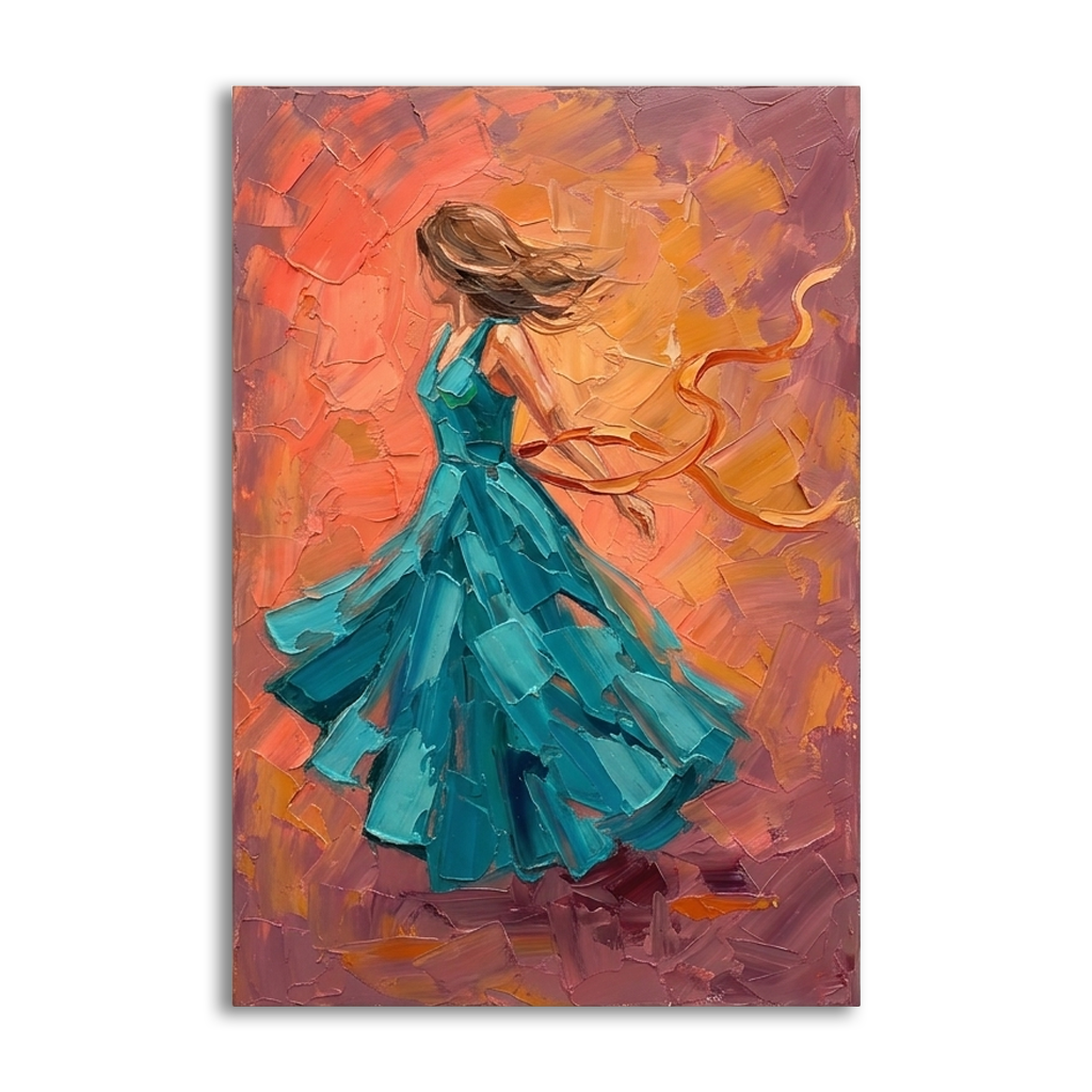 Teal Gown Sunset Twirl – Women Figurative Canvas Prints, zoom in to see the canvas