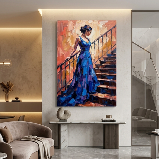 Blue Gown Grand Staircase – Women Figurative Canvas Prints