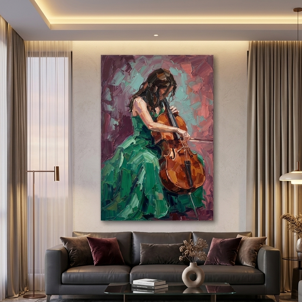 Green Gown Cello Solo – Women Figurative Canvas Prints
