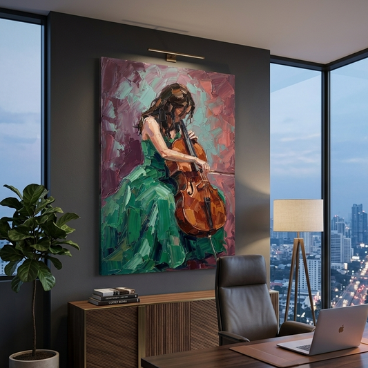 Green Gown Cello Solo – Women Figurative Canvas Prints