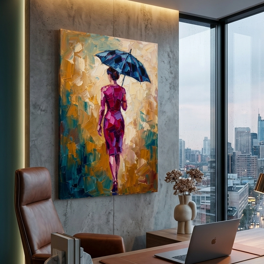 Magenta Walk Blue Umbrella – Women Figurative Canvas Prints