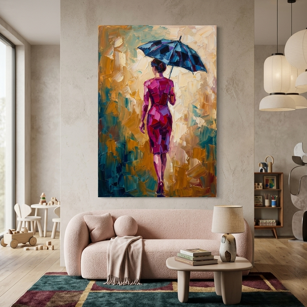 Magenta Walk Blue Umbrella – Women Figurative Canvas Prints
