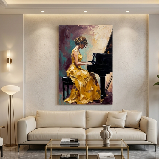 Golden Gown Piano Melody – Women Figurative Canvas Prints