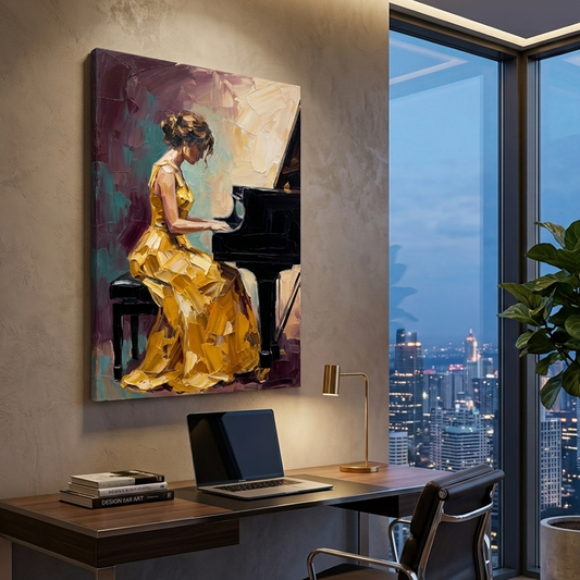 Golden Gown Piano Melody – Women Figurative Canvas Prints