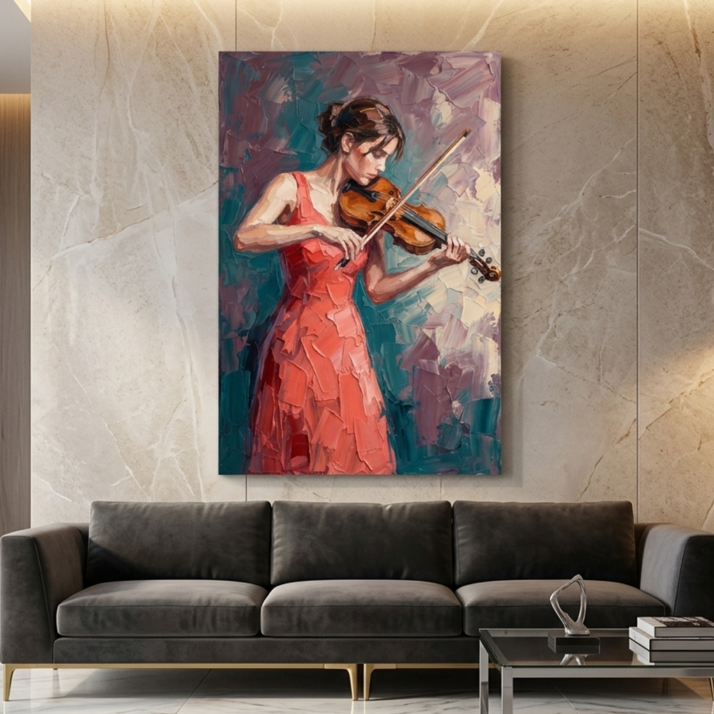Coral Gown Violin Serenade – Women Figurative Canvas Prints