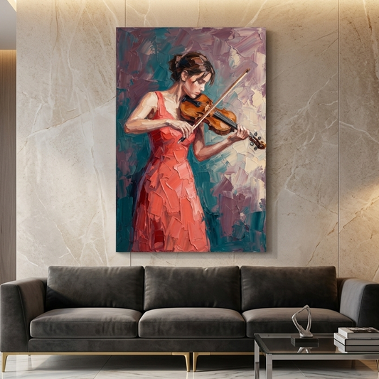 Coral Gown Violin Serenade – Women Figurative Canvas Prints