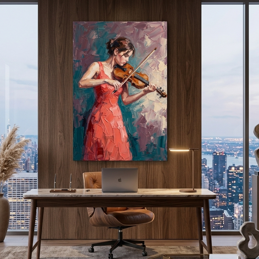 Coral Gown Violin Serenade – Women Figurative Canvas Prints