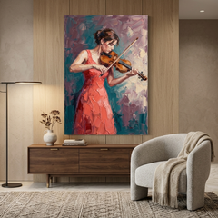 Coral Gown Violin Serenade – Women Figurative Canvas Prints