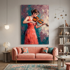 Coral Gown Violin Serenade – Women Figurative Canvas Prints