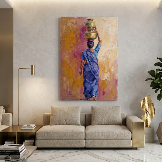 Blue Saree Golden Pots – Women Figurative Canvas Prints