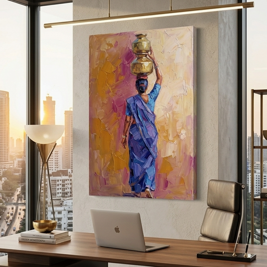 Blue Saree Golden Pots – Women Figurative Canvas Prints