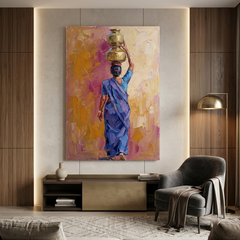 Blue Saree Golden Pots – Women Figurative Canvas Prints