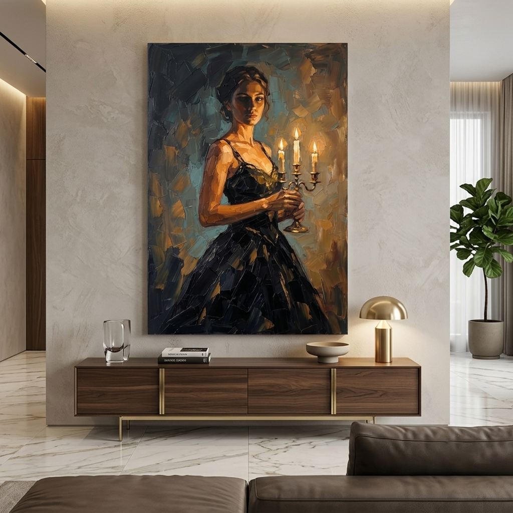 Black Gown Candlelight Muse – Women Figurative Canvas Prints