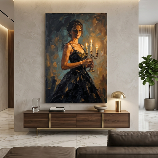 Black Gown Candlelight Muse – Women Figurative Canvas Prints