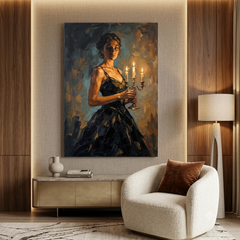 Black Gown Candlelight Muse – Women Figurative Canvas Prints